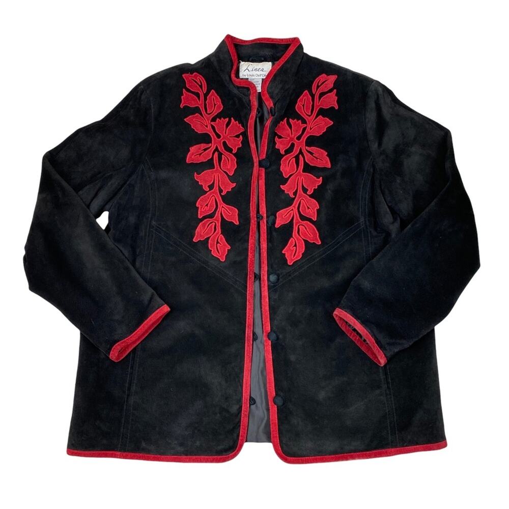Vintage Womens Suede Floral Jacket Size L Black & Red Lined Boho